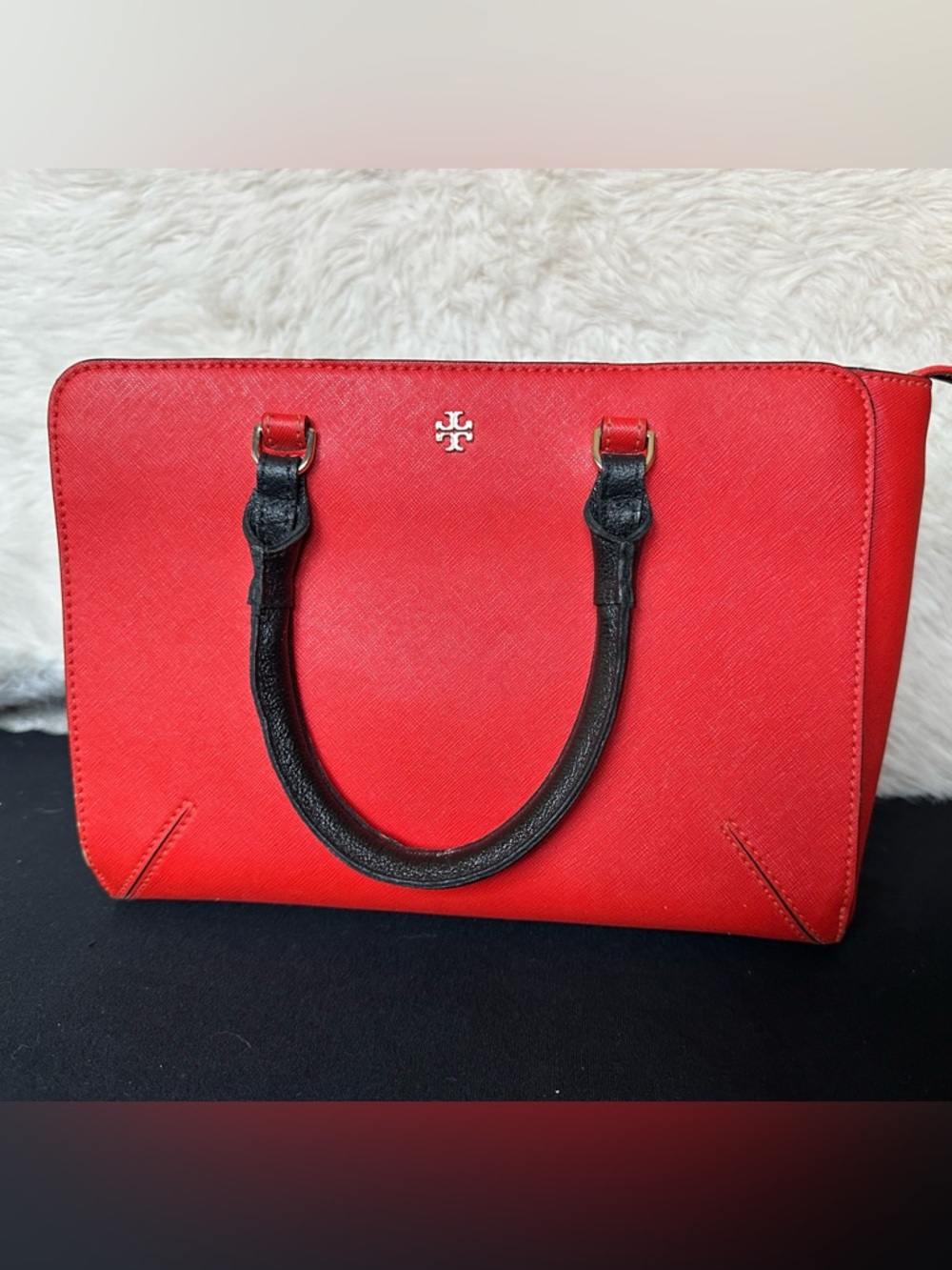 Tory Burch Red saffiano leather Satchel with Black Handles and Gold Hardware